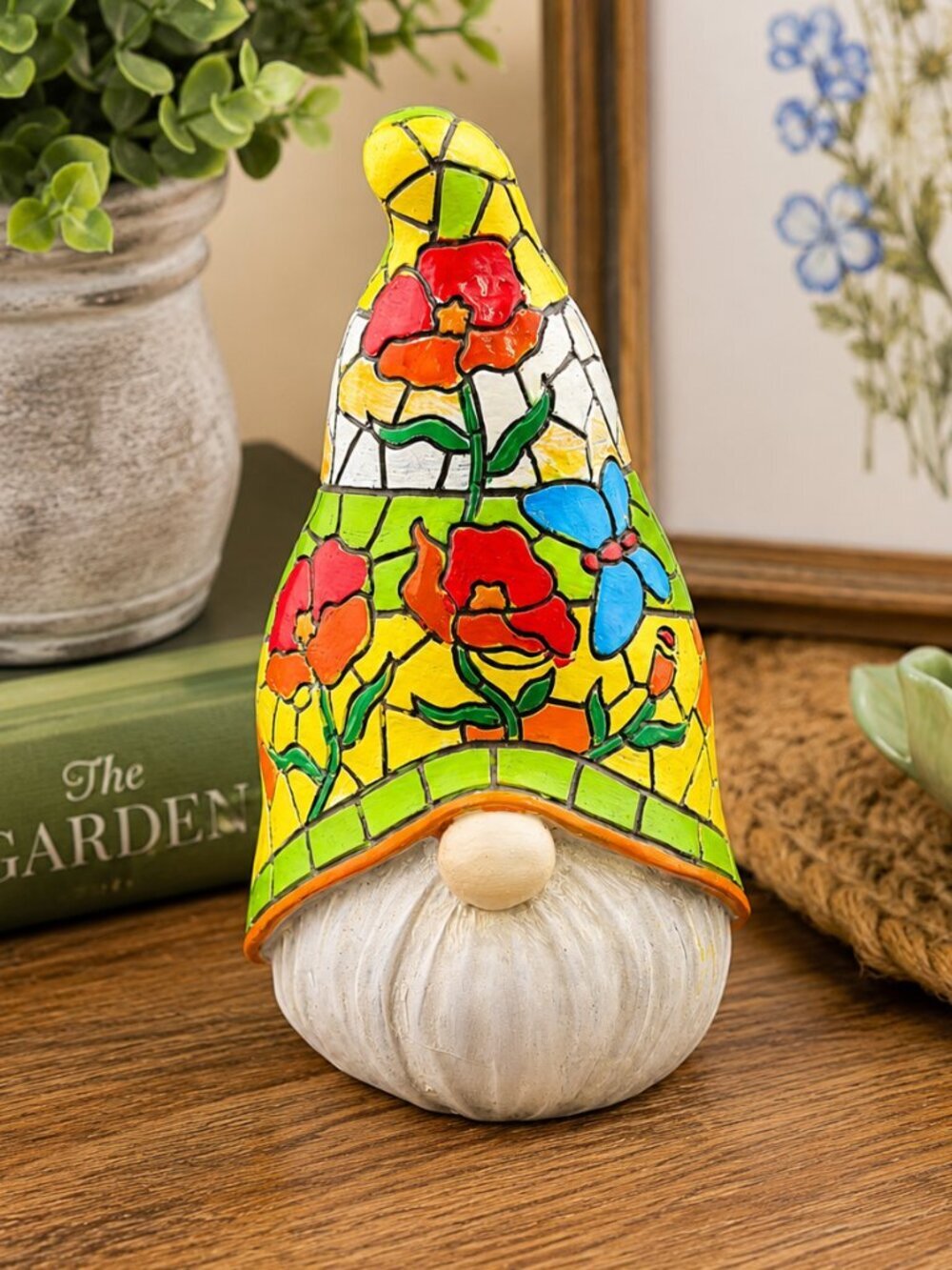 Gerson Mosaic Garden Gnome Figurine – Floral & Butterfly Hat Decor – Colorful